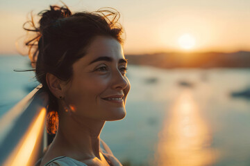 Portrait of a woman on a balcony overlooking the sea at sunrise, smiling as she gazes. Smiling depression concept. - obrazy, fototapety, plakaty
