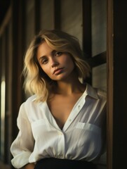 Woman in White Shirt Leaning Against Wall
