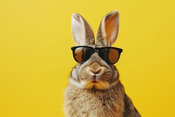 bunny with sunglasses yellow background, easter concept