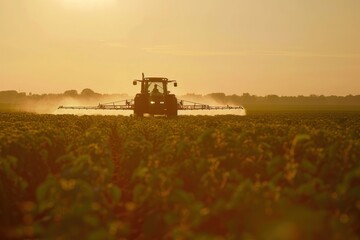 Naklejka premium Tractor Spraying Pesticides In Soybean Field With Sprayer