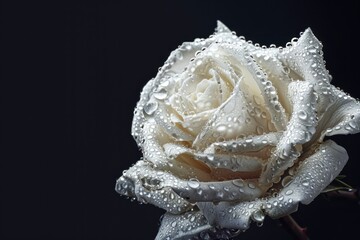 white rose covered in waterdrops - artistic black background - obrazy, fototapety, plakaty
