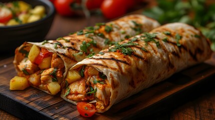 Baked pita bread with meat and vegetables on a wooden board, selective focus