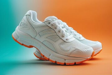 The shot of a white running sport sneaker shoe pair isolated on a white orange grey blue background