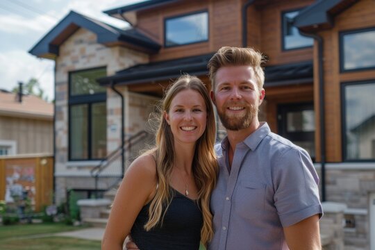 Happy young couple standing in front of new home. Husband and wife buying new house