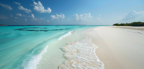 A pristine white sand beach stretching as far as the eye can see, with turquoise waters lapping at...
