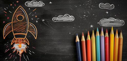 Back to school concept with chalk and colored pencils on blackboard background with copy space, pencil drawing of rocket ship and clouds, school desk table