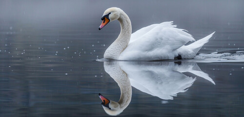 A snow-white swan gliding gracefully across a tranquil pond, its reflection mirroring the purity of its form in the still waters below - obrazy, fototapety, plakaty