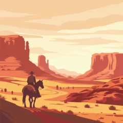 Rolgordijnen cowboy in horse desert landscape scene vector illus © Quintessa