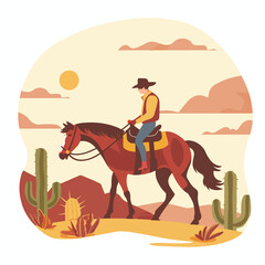 cowboy in horse desert landscape scene vector illus