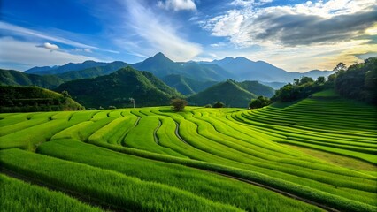 Beautiful landscape of rice terraced fields with mountains background and nice blue sky with clouds.