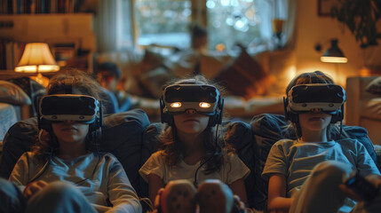 Obraz premium Family Members Immersed in Virtual Reality Worlds Using Headsets, Capturing Candid Moments in Cozy Living Room Setting, Concept of Technology and Family Bonding