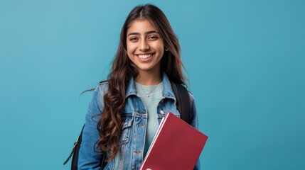 Obraz premium female Indian student smiling holding a backpack and notebook, wearing a denim jacket