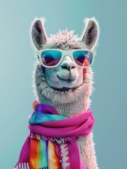 Obraz premium A llama dressed in sunglasses and a colorful scarf, adding a touch of style to its appearance