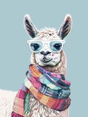 Obraz premium A llama standing confidently while wearing trendy sunglasses and a colorful scarf on a sunny day