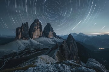 Group of towering mountains under a night sky filled with twinkling stars