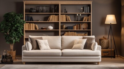 Beige sofa near built-in bookcase Classic home interior design