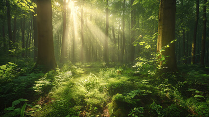 Sunbeams pierce through the verdant canopy of a serene forest, casting a peaceful glow over the lush undergrowth and highlighting the tranquil beauty of nature - obrazy, fototapety, plakaty
