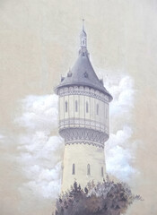 Beautiful graffiti of the historic water tower in Halle (saale) in Germany on a house wall