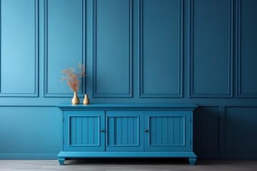 Blue painted wooden cabinet near the paneled wall, classic. - obrazy, fototapety, plakaty