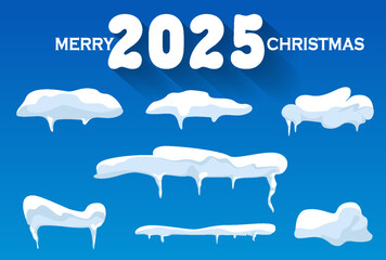 Set of snow caps, snowflakes and icicles. New year decoration set for website. Snow clouds