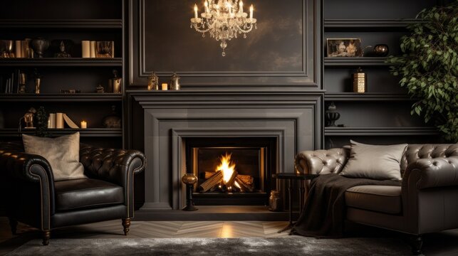 Modern black living room with fireplace and black leather sofa.