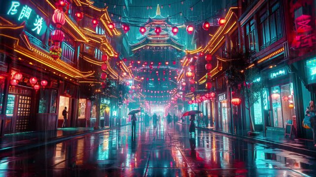 View of cyberpunk city alley in the rain. Seamless 4k time lapse virtual video animation background