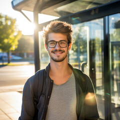 Young guy standing at the bus, AI Generation - obrazy, fototapety, plakaty