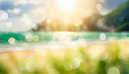 Abstract bokeh flare sunlight with blur green and yellow nature sunrise beach background
