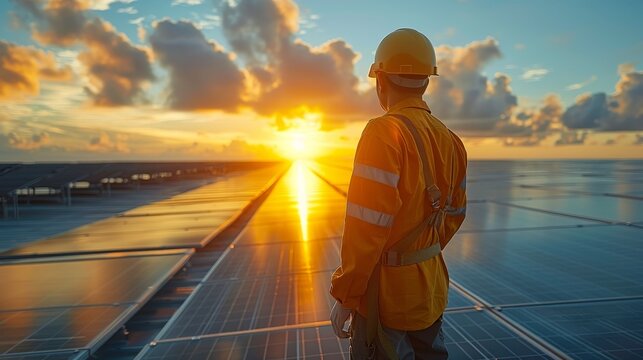 close up Solar power station, Engineer maintaining solar cell panels on the rooftop, Engineer worker install solar panel. Clean energy concept.