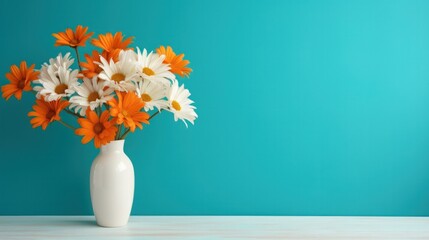 Daisy flowers bouquet in orange vase on white wooden coffee table - Powered by Adobe