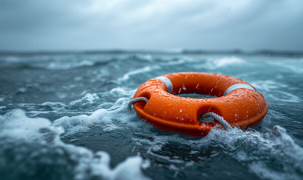 Life buoy or Life preserver floating on the ocean on stormy water, prepared to save individuals at risk of drowning