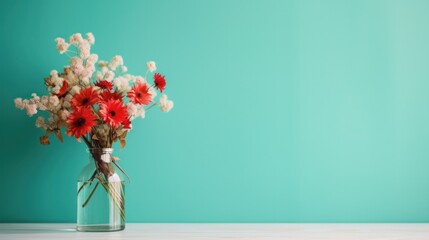 A bouquet of field flowers in a glass vase on a wooden coffee table contrasts with the turquoise wall background. - obrazy, fototapety, plakaty