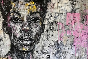 Urban street art of a woman's emotive face, painted amidst chaos, capturing the essence of raw emotion