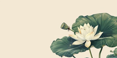 
A white lotus flower with green leaves on the right side of a banner, copy space vintage background