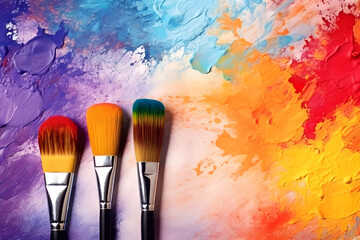 Colorful background with paintbrushes and palette, symbolizing creativity in art and design in the style of various artists