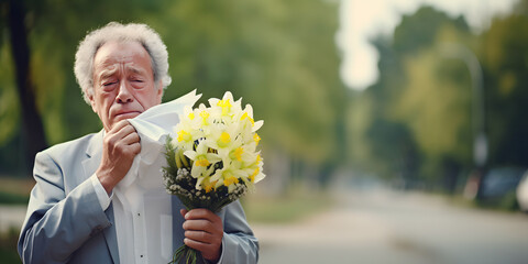 Elderly man in suit holding daffodils and crying while blowing his nose with tissue paper on side of road in park - obrazy, fototapety, plakaty