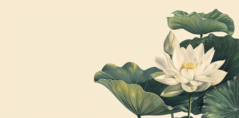 
A white lotus flower with green leaves on the right side of a banner, copy space vintage background