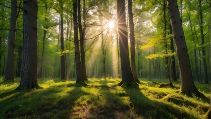 Fototapeta na wymiar Spring Symphony: Serene Silence in the Forest with Beautiful Bright Sun Rays GENERATIVE AI
