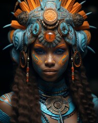 Woman Wearing Blue and Orange Makeup With Headdress