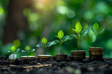 The concept of growing money for business or financial planning is a row of coins