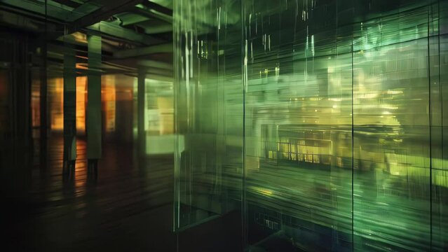 Abstract image of modern office interior with glass walls and floor.