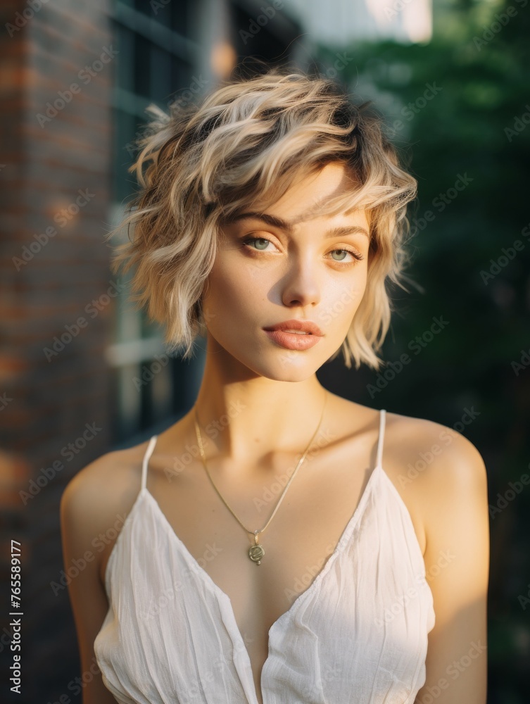 Canvas Prints Blonde Woman in White Top