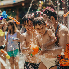 Songkran celebration Thailand Bangkok, Chiang Mai, New Yeah celebration in Thailand, Water fights all around the country. Children and adults with water guns. The concept of Water Festival, splashing.