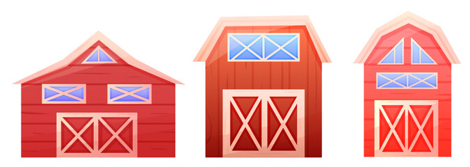 Set with red wooden farm house. Vector illustration