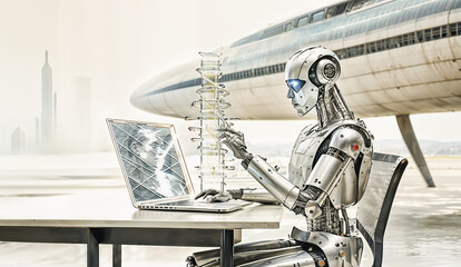 Androïde assis devant un ordinateur et un outil en verre cylindrique fait des expérimentations, vaisseau spatial et cité futuriste  en arrière plan flouté, couleurs pâles