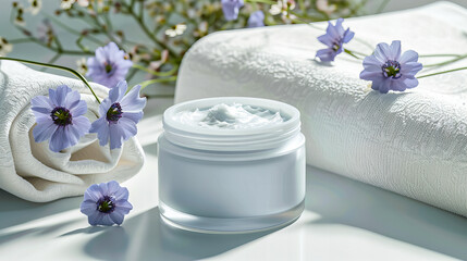 Obraz na płótnie Canvas Elegance in skincare, a jar of moisturizer stands against a backdrop of natural beauty, inviting a moment of self-care and rejuvenation