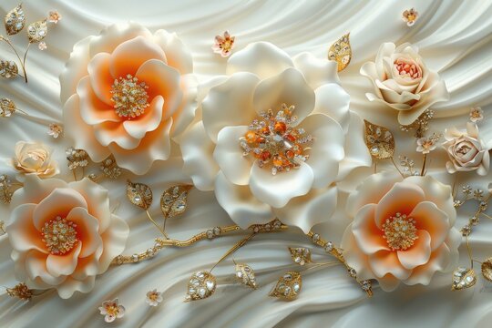 Beautiful jewelry, roses, and floral decorations on a wallpaper