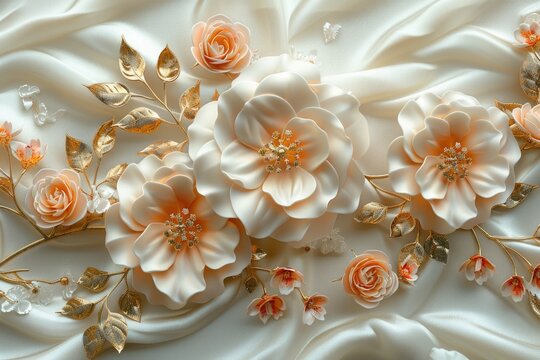 Beautiful jewelry, roses, and floral decorations on a wallpaper
