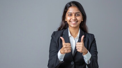 Happy young indian business lady satisfied customer teacher showing thumbs up like hand