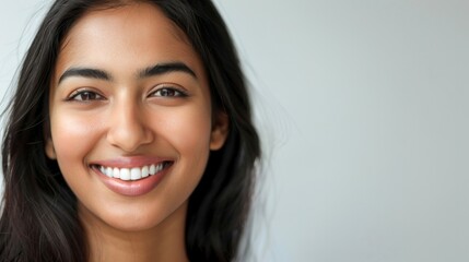 Naklejka premium Happy young Indian woman isolated on light gray background. Portrait. Beauty portrait of beautiful smiling Indian